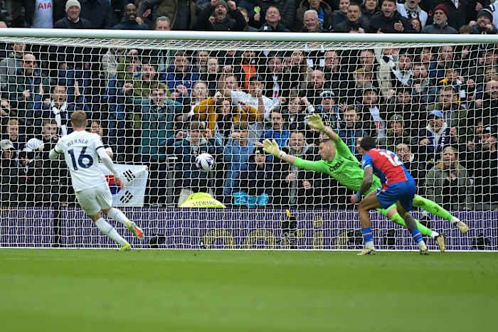 Timo Werner pictured (left) scoring his first goal for Tottenham Hotspur in a 3-1 win over Crystal Palace in March 2024